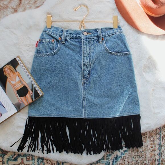 Vintage 90's D'Mode Classix Denim Skirt with Fringe - Picture 6 of 16